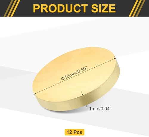 uxcell 12Pcs Brass Round Plate, 0.04"(1mm) Thick 0.6"(15mm) Dia H65 Brass Round Disc Blank Metal Sheet Copper Circle Disc for Metal Stamping DIY Crafts