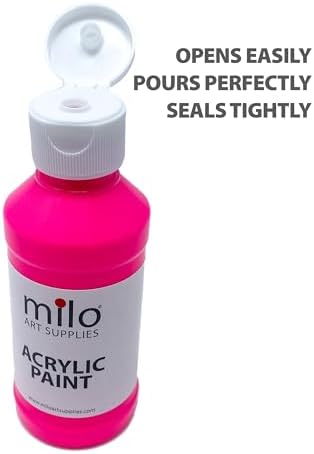 milo Fluorescent Acrylic Paint Set of 6 Colors | 8 oz Bottles | Student Neon Colors Acrylics Painting Pack | Glows UV in Black Light | Non-Toxic Arts & Crafts Paints for Artists & Hobby Painters | Made in USA