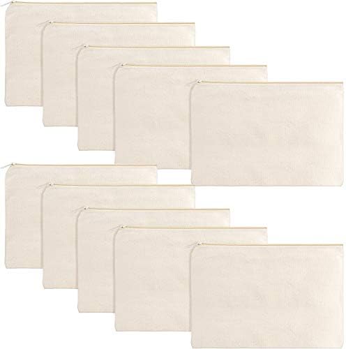 Gejoy 10 Pack Blank Canvas Cosmetic Bags Zipper Pouch DIY,L,Beige