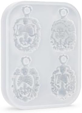 4-Cavity Ornate Skeleton Cameo Pendant Resin Silicone Mold with Hanging Hole, Gothic Skull Epoxy Resin Casting Mould, DIY Necklace Charm Mold for Halloween Christmas Handmade Jewelry Craft (KL04)