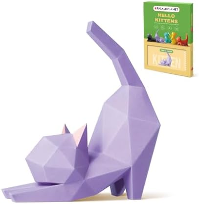 3D Origami Paper Craft Kit, Yoga Kitten Cute DIY Pre-Cut Animal Papercraft Model for Beginners, Fun Handmade Home Decoration Gift for Adults & Teens-Purple