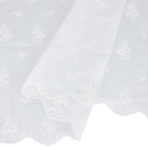 1.35M 35.83 Inch White Vintage Flower Scalloped Edge Embroidery Cotton Fabric by The Yard Floral Embroidered Lace Cloth Canvas Fabrics for Sewing Making Wedding Decor Clothing Accessories