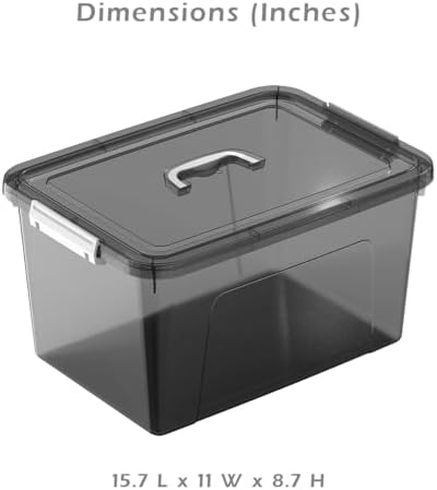 19 Quart Stackable Plastic Storage Bins with Lids, 6 Pack Clear Black Organizer Boxes with Secure Latches for Garage, Tools, Closet, Office, Durable Storage
