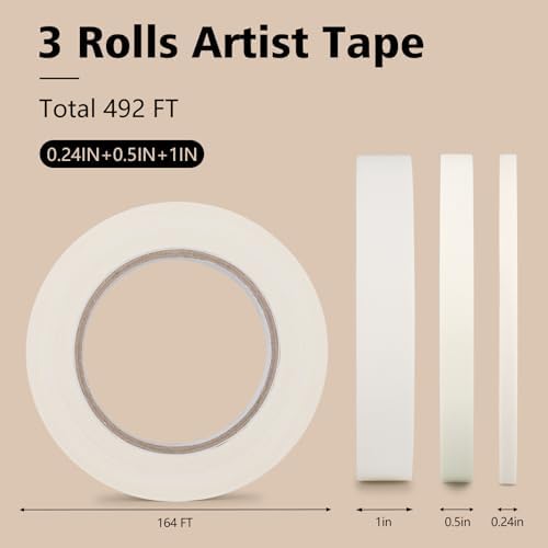 3 Rolls Artist Tape 0.24IN+0.5IN+1IN×164FT Watercolor Tape, Acid Free Artist Tape for Watercolor Paper Painting Masking Framing (0.24IN+0.5IN+1IN)