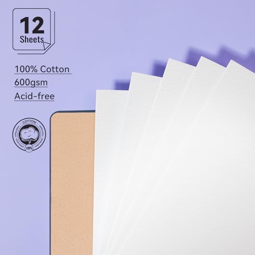 Lightwish Watercolor Sketchbook,100% Cotton Acid Free Watercolor Journal,600gsm Cold Press Watercolor Paper for Artists,Adults,Students,12 Sheets,5.8 * 8.2 Inches Paper
