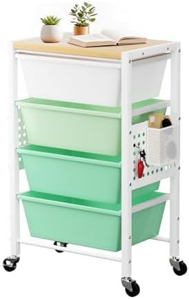 Rolling Cart with 4 Drawers, Plastic Drawer Storage Carts with Wheels & Wooden Tabletop, Metal Utility Cart with Pegboards, Office Living Room Classroom Craft Organization and Storage, Bright Green