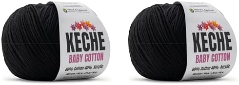 Keche Baby Cotton, 60% Cotton 40% Acrylic Yarn, Soft Cotton Yarn for Crochet and Knitting, Amigurumi Yarn 4 Skeins/Balls [1.76 Oz (50g) / 180 Yrds (165m)] x 2 Black