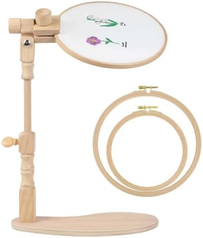 Airo Beech Adjustable Embroidery Hoop Stand,Embroidery Holder Stand,Cross Stitch Stand,Embroidery Stand with 2pcs Embroidery Hoops (6inch + 8inch), Rotatable, Tool-Free Installation