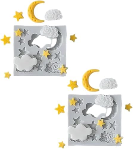 2 Pieces Moon and Stars Silicone Mold for Chocolate, Candy Chocolate Fondant Polymer Clay Molds for Cake Decorating, DIY Baking, Cupcake, Cookie, Soap and Candle Making Supplies