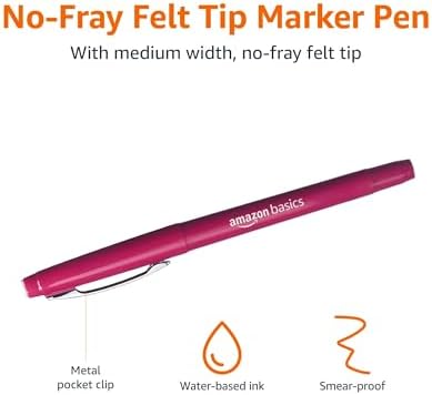 Amazon Basics Felt Tip Marker Pens, Assorted Colors, No-Fray Felt Tip, Smear-Proof, for Writing, Drawing, Journaling and Note Taking, 24-Pack