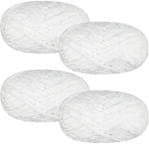 4 PCS 400g Soft Chenille Velvet Yarn for Crocheting,Fluffy Warm Yarn for Knitting and Crochet DIY Craft Blanket Bag Hat Scarve Clothe Gloves Slippers Doll（White）