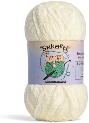 Fuzzy Chenille Yarn for Crocheting,Fluffy Amigurumi Crochet Yarn for DIY Craft/Hat/Shoes,(100 g/197 yds) Soft Velvet Baby Blanket Yarns（White）