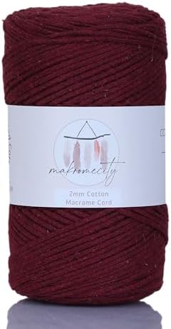 Makromecity, Cotton Macrame Cord 2mm x 195 Yards (590 feet) 2mm Recycled Cotton Crochet Yarn for Macrame Art & Crafts for Wall Hangings, Bags, Underplate, Rug (25 Colors Available) (Maroon)