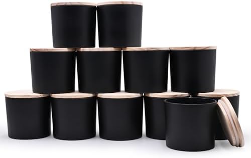 SHOWIN 12 OZ Thick Candle Jars for Making Candles 12 Pcs, Empty Jars with Wood Lids for Spice Jars, Sample Container, Matte Black