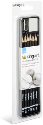 KINGART 9-Piece Essential Sketching & Drawing Pencil Set with Metal Storage Tin – Includes 6 Graphite Pencils (2H to 6B), Sharpener, and Eraser
