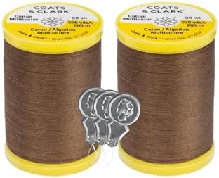 Coats & Clark Cotton All Purpose Sewing Thread 100% Mercerized Cotton 225 Yards Each Spool S970 2 Pack Bundle with 3 Bella's Crafts Needle Threaders (Summer Brown)