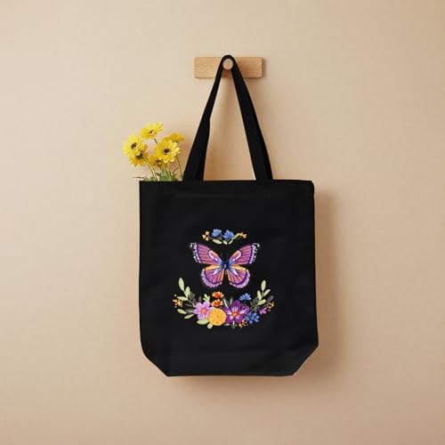 ERKOON Canvas Tote Bag Embroidery Kit for Beginners, Needlepoint Arts Crafts Cross Stitch Kits for Adults Including Stamped Embroidery Bag with Hoops, Needle, Instruction and Color Threads (Butterfly)