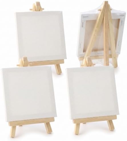 4 Pcs Mini Canvas and Easel Set 4x4 Inch White Blank for Painting Kids