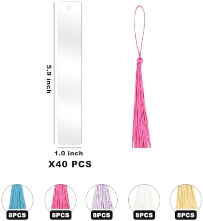 Acrylic Bookmarks Blanks Bulk 80PCS Rectangle Clear Bookmark Plastic Blank 40 Sets with 5 Color Tassels for Vinyl DIY Craft (5.9 * 1.0 inch)