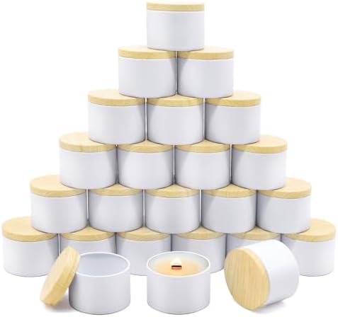 24-Pack 4oz Candle Tins with Wood-Grain Printing Lids, Metal Candle Jars for Candle Making, Empty Containers Vessels Bulk for Small Business & Beginners DIY Storage -Wood White