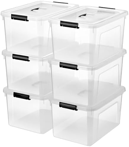 19 Quart Plastic Storage Bins with Lids, 6-Pack Stackable Clear Storage Organizing Box with Handle