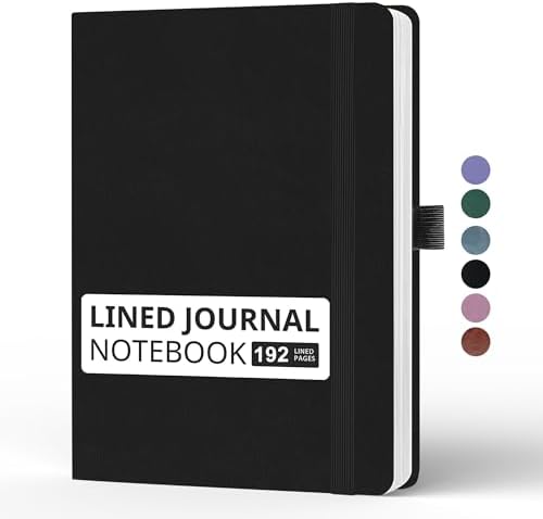 Lined Journal Notebook, A5, 192 Pages 100 GSM Thick Paper, Hardcover Leather College Ruled Journal for Writing, Men Women, Journaling, Daily, Work, Office, Home School Business(Black)