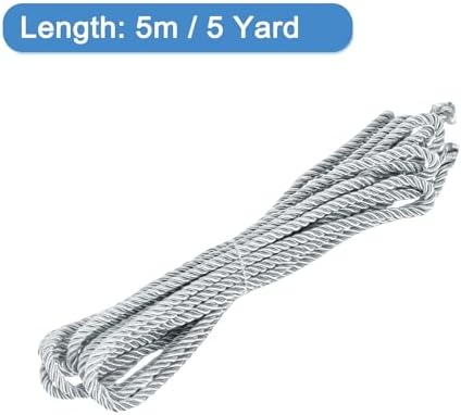 MECCANIXITY Twisted Cord Trim, 5 Yard 5mm 3-Ply Twine Braided Rope Shiny Thread String for Craft Gift Bag Curtain Christmas Decor, Silver - 5m