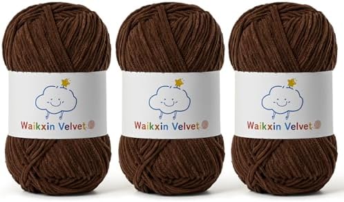 3 Pack Fluffy Chenille Yarn for Crocheting，Baby Yarn for Crocheting Soft，150g/5.28oz Velvet Amigurumi Yarn ，Fingering Weight Yarns for Crocheting Baby Blankets、DIY Craft.(3 Coffee)