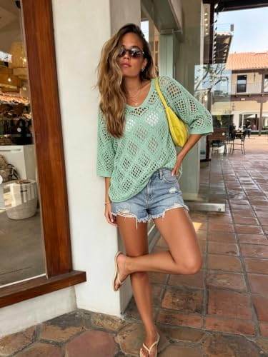 Womens Crochet Top Summer 3/4 Sleeve Cover Up V Neck Boho Tops