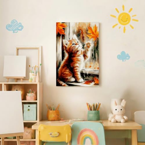 Spandrel Framed Paint by Numbers Cat Kit for Adult, Autumn Adult Paint by Number Kits on Canvas, DIY Acrylic Oil Easy Halloween Painting by Numbers Fall for Home Wall Decor, 8x12in