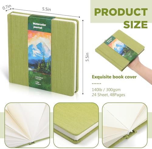 2 Pcs 5.5in Watercolor Sketchbook Journal Square Watercolor Notebook Green