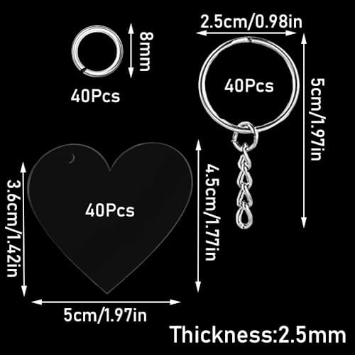 120Pcs Acrylic Keychain Blanks, BetterJonny 40Pcs Heart Key Tags with Key Chain Rings and Open Rings Unfinished Clear Ornament for DIY Crafting & Vinyl Projects