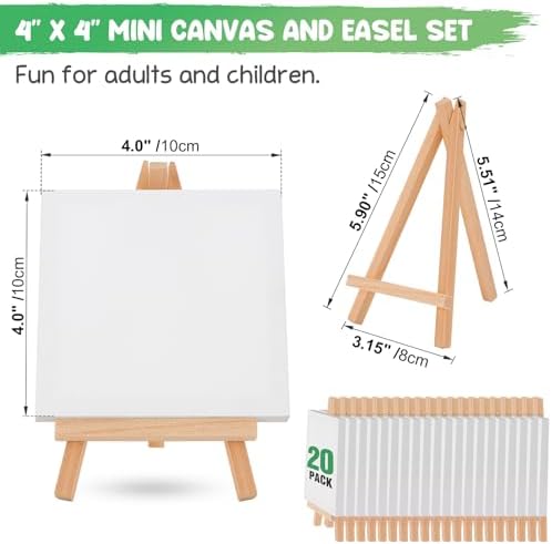 20 Pack Mini Stretched Canvas with Wooden Easel, 4x4 Inch, Art Primed Canvases for Kids Painting, Acrylic Pouring, Oil Paint & Wet Art Media