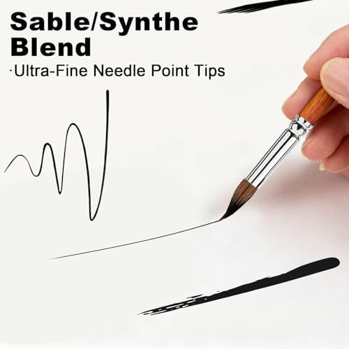 Watercolor Brushes Set of 6 - Extra Long Needle Point Detail Brushes for Fine Line Work, Featuring a Two-Layer Sable/Kolinsky Synthetic Blend for Continuous Painting & Broad Washes. Ideal for Artists.