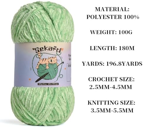 Fuzzy Chenille Yarn for Crocheting, Fluffy Amigurumi Crochet Yarn for DIY Craft/Hat/Shoes, (100g/197yds) Soft Velvet Baby Blanket Yarn（Light Green）
