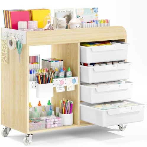 SYKIARIOL Craft Organizers and Art Supply Storage, Art Cart, Classic White | Rolling Cart with 4 Drawers & Metal Pegboard, Cute Macaron Color Magnets for Craft Room, Office, Classroom