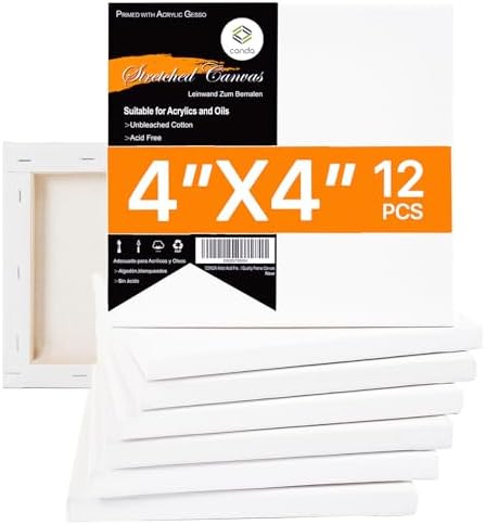 CONDA Mini Stretched Canvas for Painting, 4x4In Canvas in Bulk 12Pack 4/8In Profile Small Square Canvas, 100% Cotton Primed Blank Canvases for Acrylics, Oils Painting, School Projects and Home Decor
