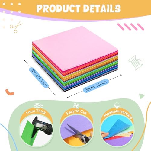 moinkerin 40Pcs Felt Sheets for Crafts with Thread 12"x12" Felt Fabric Sheets Assorted Colors 1mm Stiff Felt for Crafting DIY Handwork Sewing Patchwork (40 Colors)