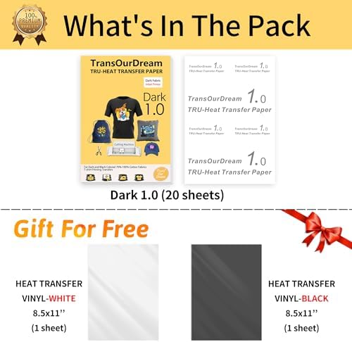TransOurDream Tru-Iron on Heat Transfer Paper for Dark Fabric (20+2 Sheets, 8.5x11") Printable Iron on Transfers Paper for Inkjet Printer & Heat Transfer Vinyl for T Shirts