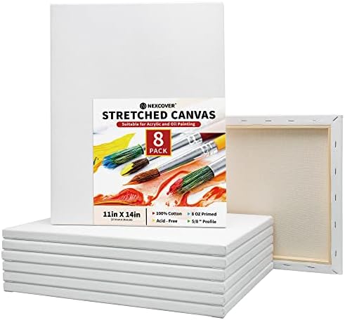 NEXCOVER Stretched Canvas - 8 Pack 11x14 Inch, 5/8" Profile Thick Pinewood Frame, Blank White Painting Canvas for Acrylic Oil Tempera Gouache Paint, for Beginners Kids Students Artists DIY Craft/Decor