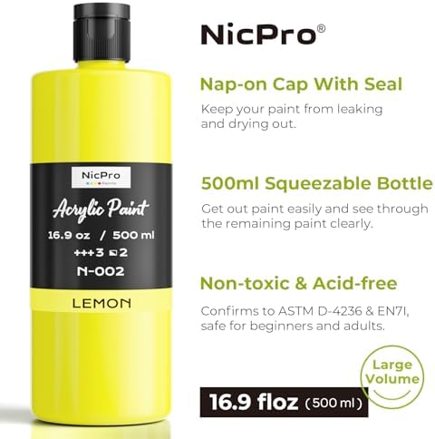 Nicpro Lemon Yellow Large Acrylic Paint (16.9 oz, 500 ml), Rich Pigments | Non Toxic Craft Paint for Multi Surface, Canvas, Wood, Fabric, Stone - Art Painting Supplies for Beginners, Artists & Adults