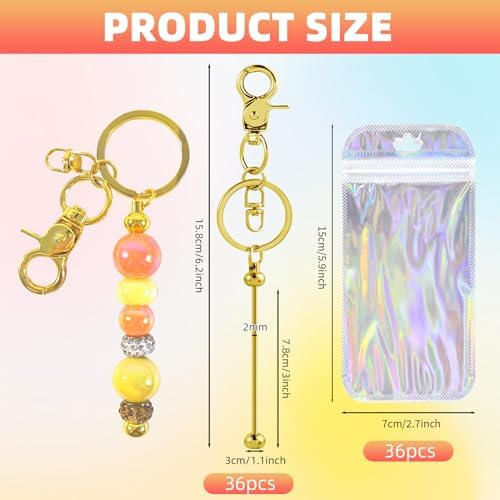 72 Pcs Beadable Keychains Bars bulk - 36 Gold DIY Metal Beaded Keychain Making Kit + 36 Bags Included, Bead Keychain Supplies,Blank Key Chain, Perfect for Women, Men, Mother's Day, Birthday Gift