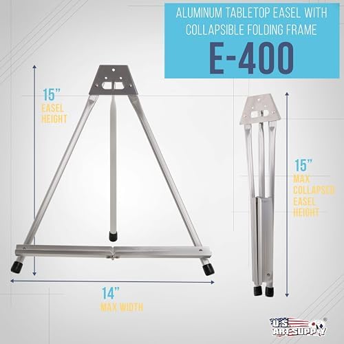 U.S. Art Supply 15-Inch Aluminum Tabletop Display Easel for Painting | Adjustable Folding Stand, Portable Art Easel for Displaying Canvas, Whiteboards, Posters, Signs, Pictures, Paintings