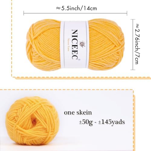 NICEEC 300g Soft Assorted Colors Yarn 100% Acrylic 870yds -Yellow9#