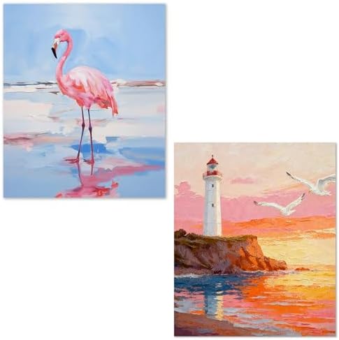 XUNLURY Pink Coastal Flamingo Diamond Art Kits 2 Pcs, Ocean Nautical Sunset Lighthouse Diamond Painting Kits for Adults Beginners, Full Drill Diamonds Dots for Home Decor, 9.8x11.8 Inch
