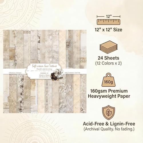 Vintage Scrapbook Paper 12 ×12 - 24Sheets Double-Sided Pattern Decorative Paper | Scrapbook Supplies & Card Making Supplies for DIY Crafts Art Journaling Photo Album Decor (Beige)
