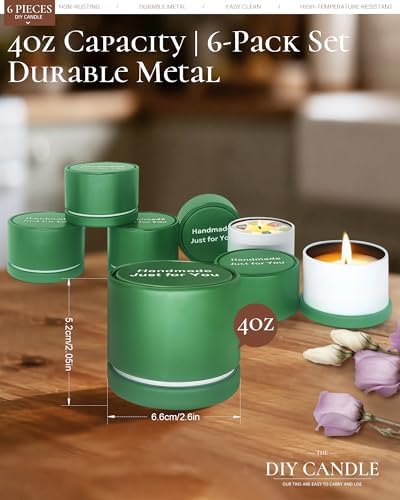 Quikobo 6 Pack 4oz Green Candle Tins with Lids - Durable Matte Tinplate Containers for DIY Candle Making and Multi-Purpose Storage