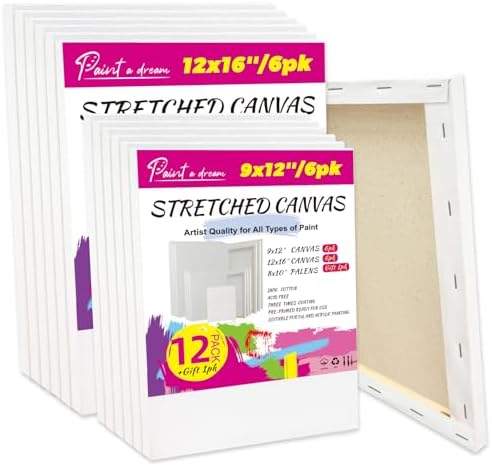 12Pack Stretched Canvas for Painting, 9x12 & 12x16 (6 Each), 5/8" Profile Thick Wood Frame,100% Cotton, Acid-Free, 12 oz Primed Canvas for Acrylic & Oil Paint, Ideal for Stress Relief & Home Décor