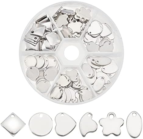 PandaHall Elite 120 Pcs 304 Stainless Steel Flat Blank Stamping Tag Pendants Charms 6 Styles for Jewelry Making