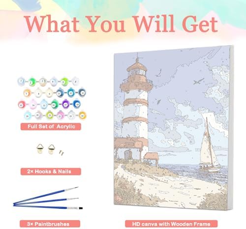 Auremi Lighthouse Paint by Number Kits for Adults,Landscape Paint by Number on Canvas with Frame DIY Painting with Number Acrylic Oil Paint Kits for Home Decor 8x12 Inch